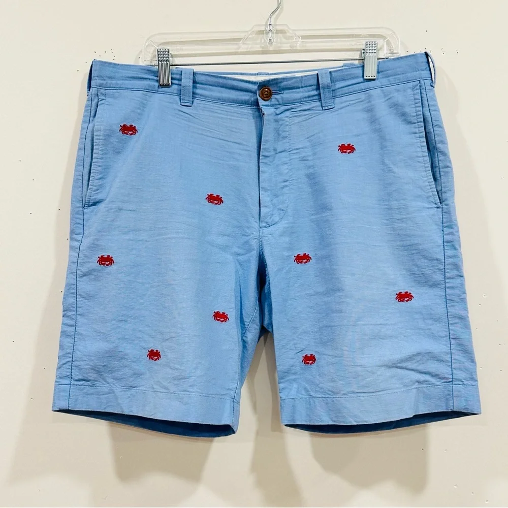 J Crew Men’s 35W Sunwashed Oxford Blue‎ 9” Shorts Red Crabs Cotton Chino Casual
